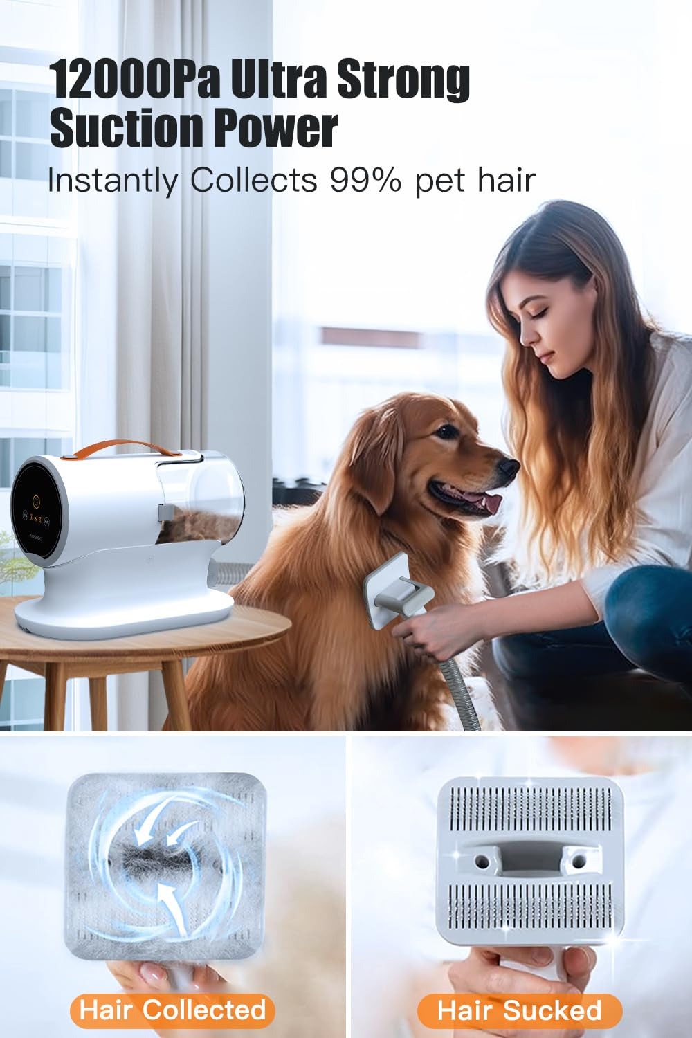  Pet Vacuum for Grooming - 12000Pa Suction, 2L Dust Cup, Low Noise, 3 Levels, 5 Grooming Tools