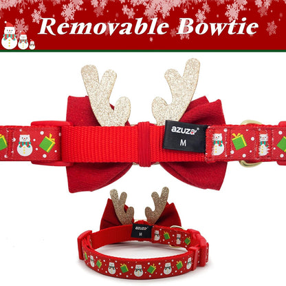 Christmas Dog Collar with Antler Bow Tie 