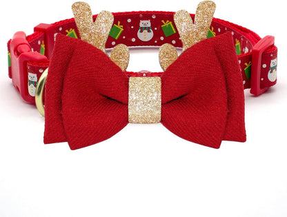 Christmas Dog Collar with Antler Bow Tie 