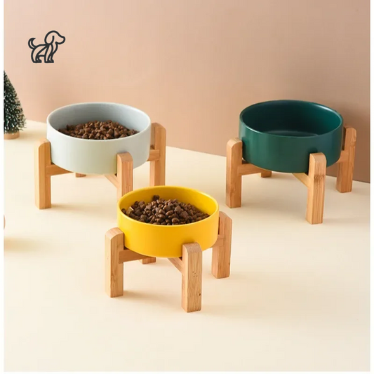 1800ml Ceramic Elevated Pet Food/Water Feeder with Wooden Stand