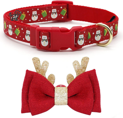 Christmas Dog Collar with Antler Bow Tie 